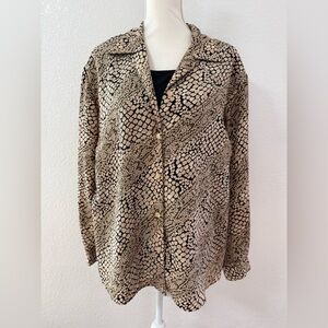 NOTATIONES 2X Animal Print Button-Up Blouse Long Sleeve Beige Black.